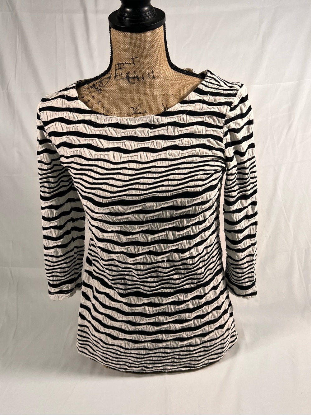 Tianello Black & White Striped Crinkle Boatneck Top